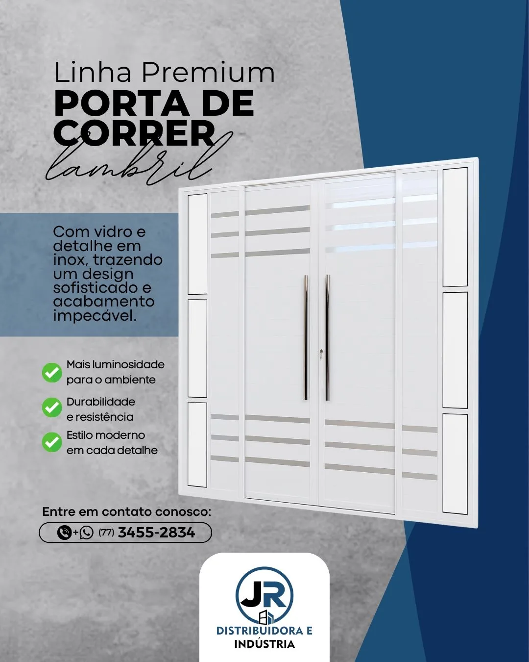 Porta de correr lambril com vidro e friso inox